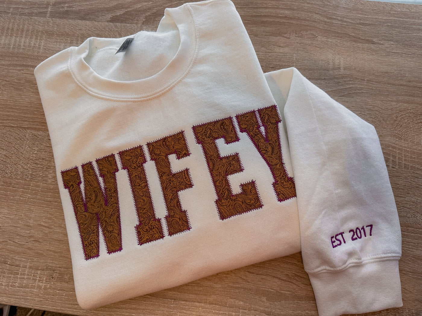 WIFEY- Tooled faux leather embroidered sweatshirt( custom thread color)